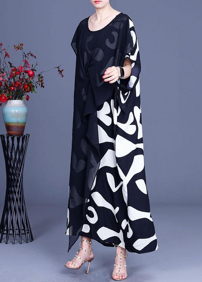 Loose White Print Patchwork Summer Silk Long Dresses