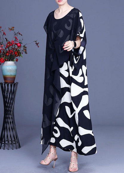 Loose White Print Patchwork Summer Silk Long Dresses