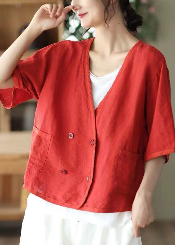 Red V Neck Double Breast Linen Cardigan Summer