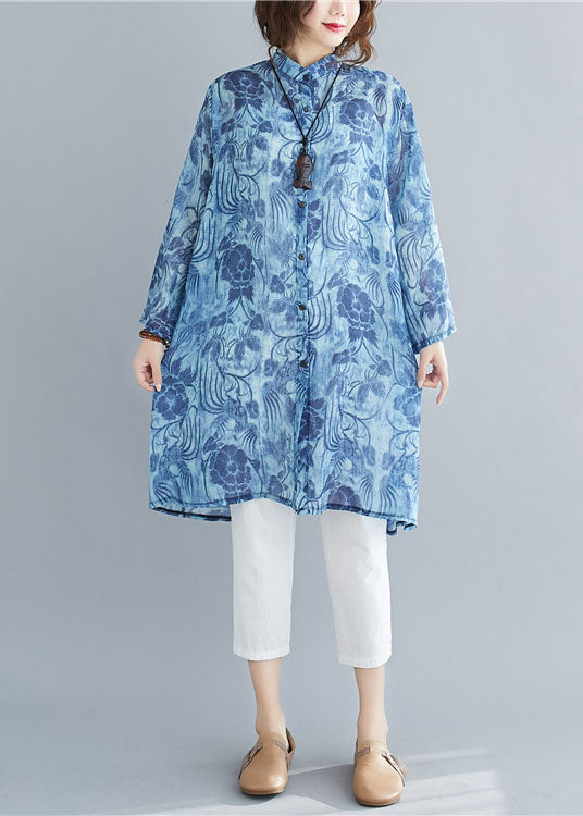 Blue Stand Collar Oversized Print Linen Long Shirt Spring