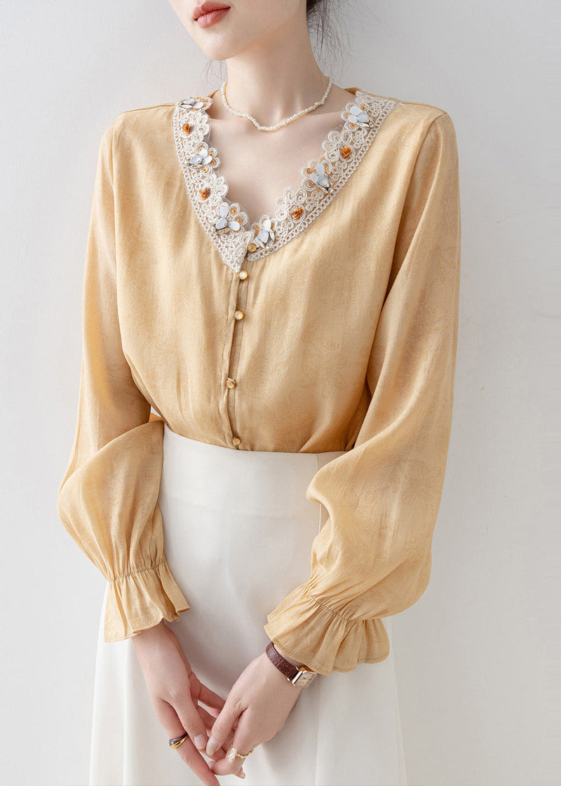 Loose Yellow Embroidered Patchwork Chiffon Blouse Tops Flare Sleeve