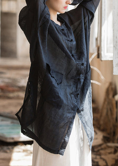 Black Oriental Button Linen Shirts Tops Spring