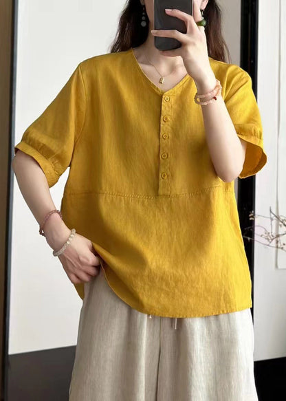 Art Yellow V Neck Button Linen Blouses Summer