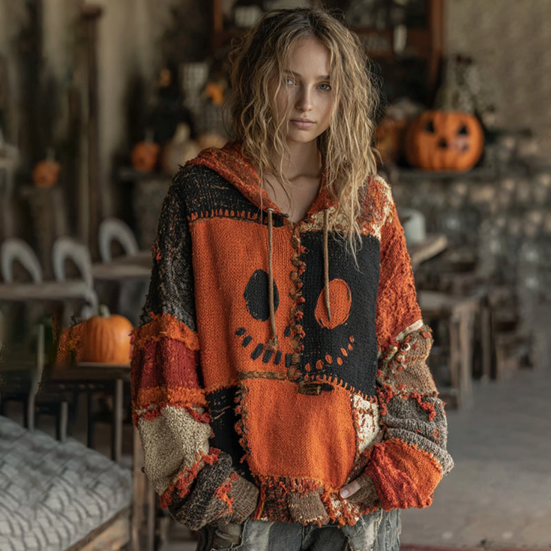 Halloween Spooky Face Patchwork Stitched Cozy Knit Hooded artswardrobe