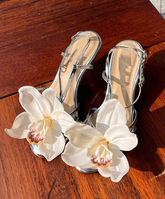 New Silver Flower Open Toed Buckle High Heeled Sandals