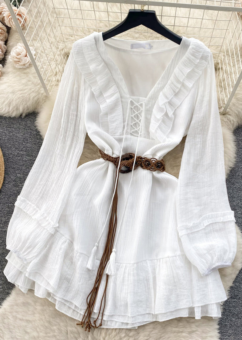 White Ruffled Lace Up Cotton Mid Dress Long Sleeve Spring