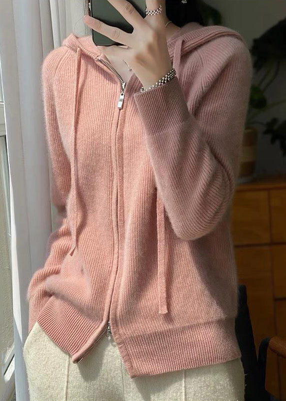 Pink Hooded Zip Up Wool Knit Coat Fall