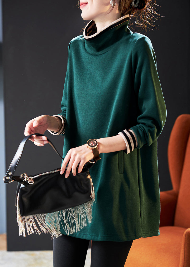Blackish Green High Neck Patchwork Cotton Pullover Sweatshirt Spring