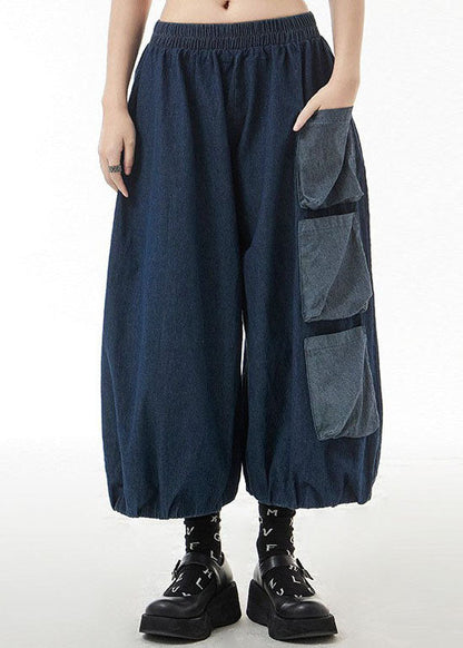 Blue Pockets Patchwork Harem Pants Spring
