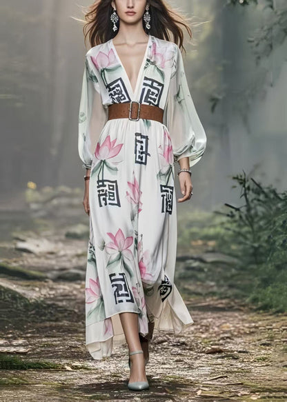 White Lotus Print Silk Holiday Tunic Dress Spring