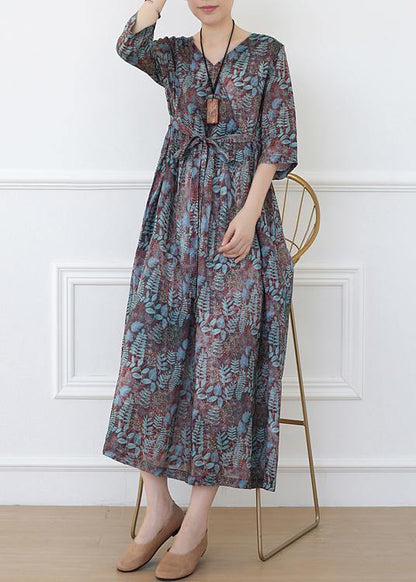 Print Linen Dress V Neck Half Sleeve Spring Dress