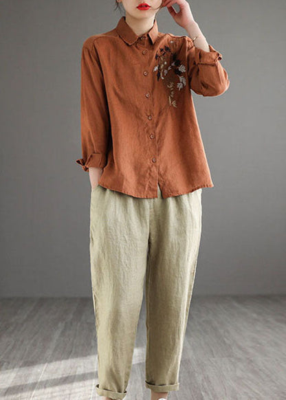 Caramel Peter Pan Collar Button Linen Shirt Long Sleeve