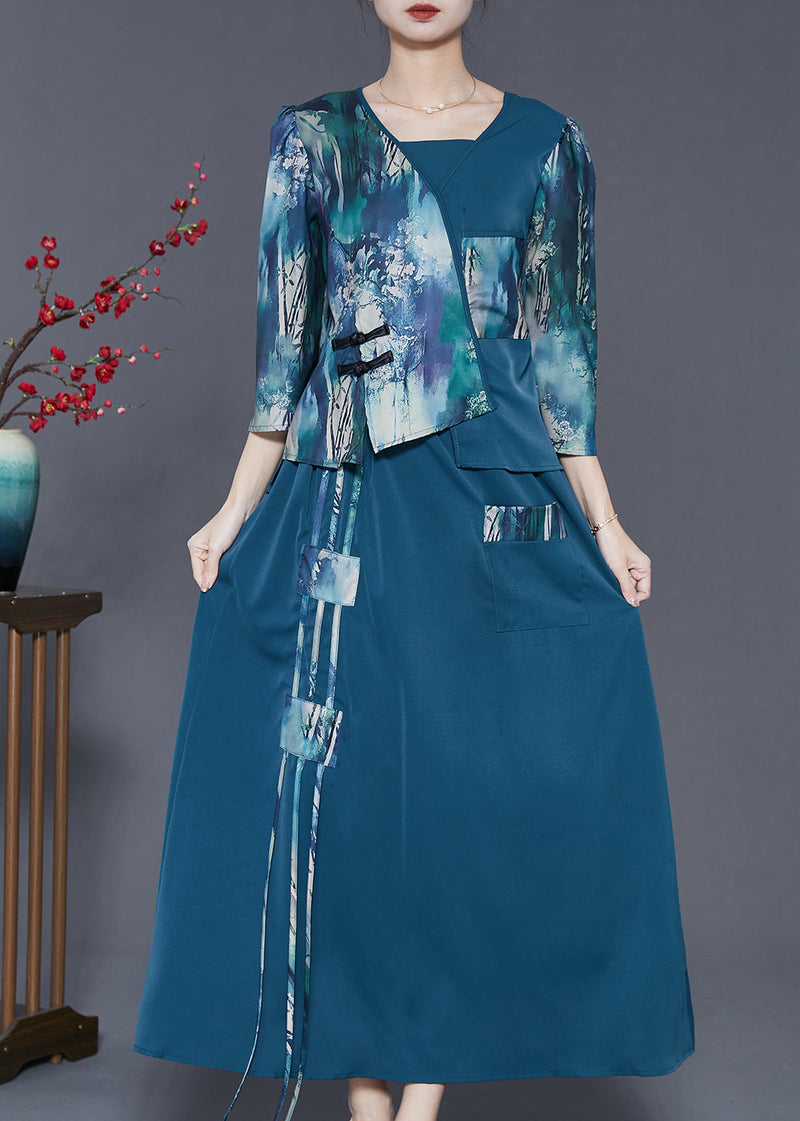 Navy Asymmetrical Patchwork Silk Oriental Dresses Two Piece Set Spring