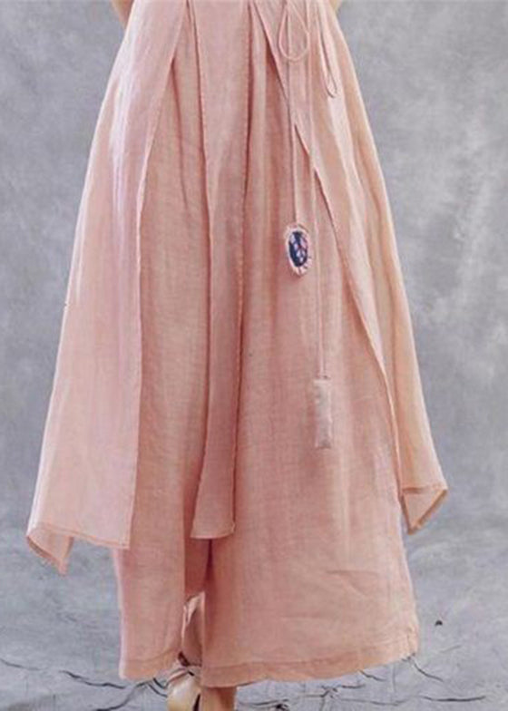 Pink Tie Waistasymmetrical Linen Wide Leg Pants Spring