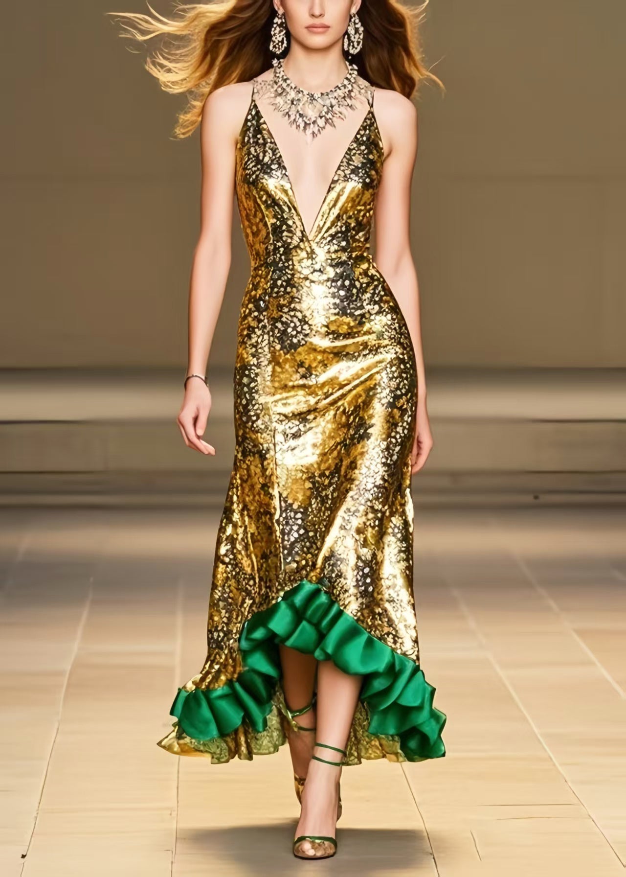 Italian Golden Ruffled Patchwork Silk Wraped Dress Summer