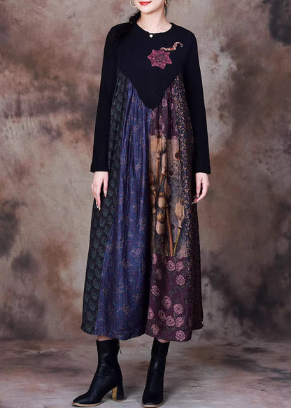 Blue Print Knit Patchwork Long Dress Winter