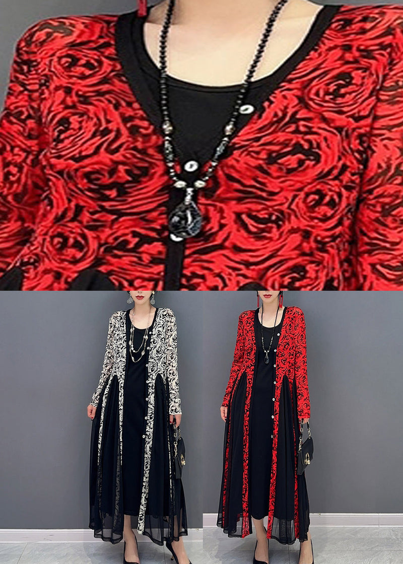 French Red O-neck Print Tulle Maxi Dresses Spring