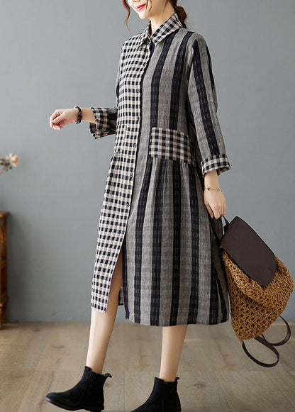 Khaki Peter Pan Collar Plaid Cotton Dresses Spring