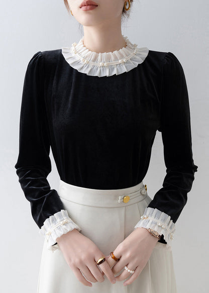 Black Ruffled Patchwork Silk Velour Shirt Top Spring