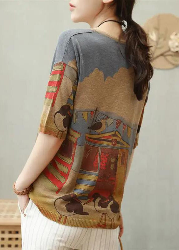 Camel O Neck Print Cotton Knit T Shirt Top Summer