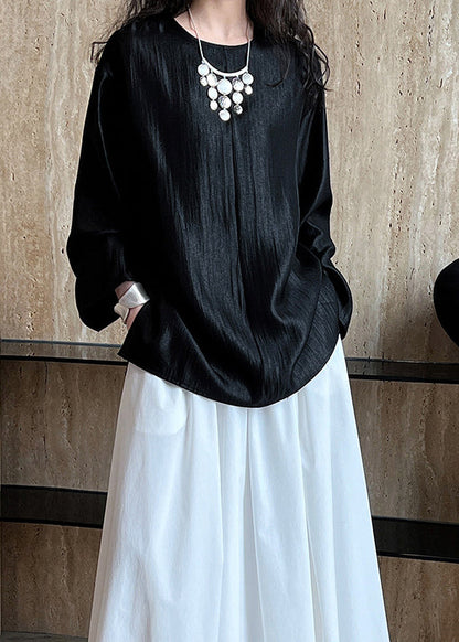 Boutique Simple Black O Neck Silk Shirts Long Sleeve