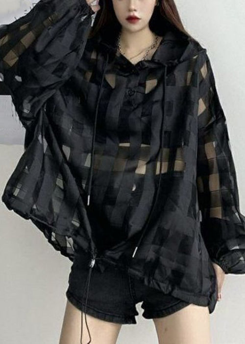 Black Plaid Button Lace Up Thin Top Long Sleeve
