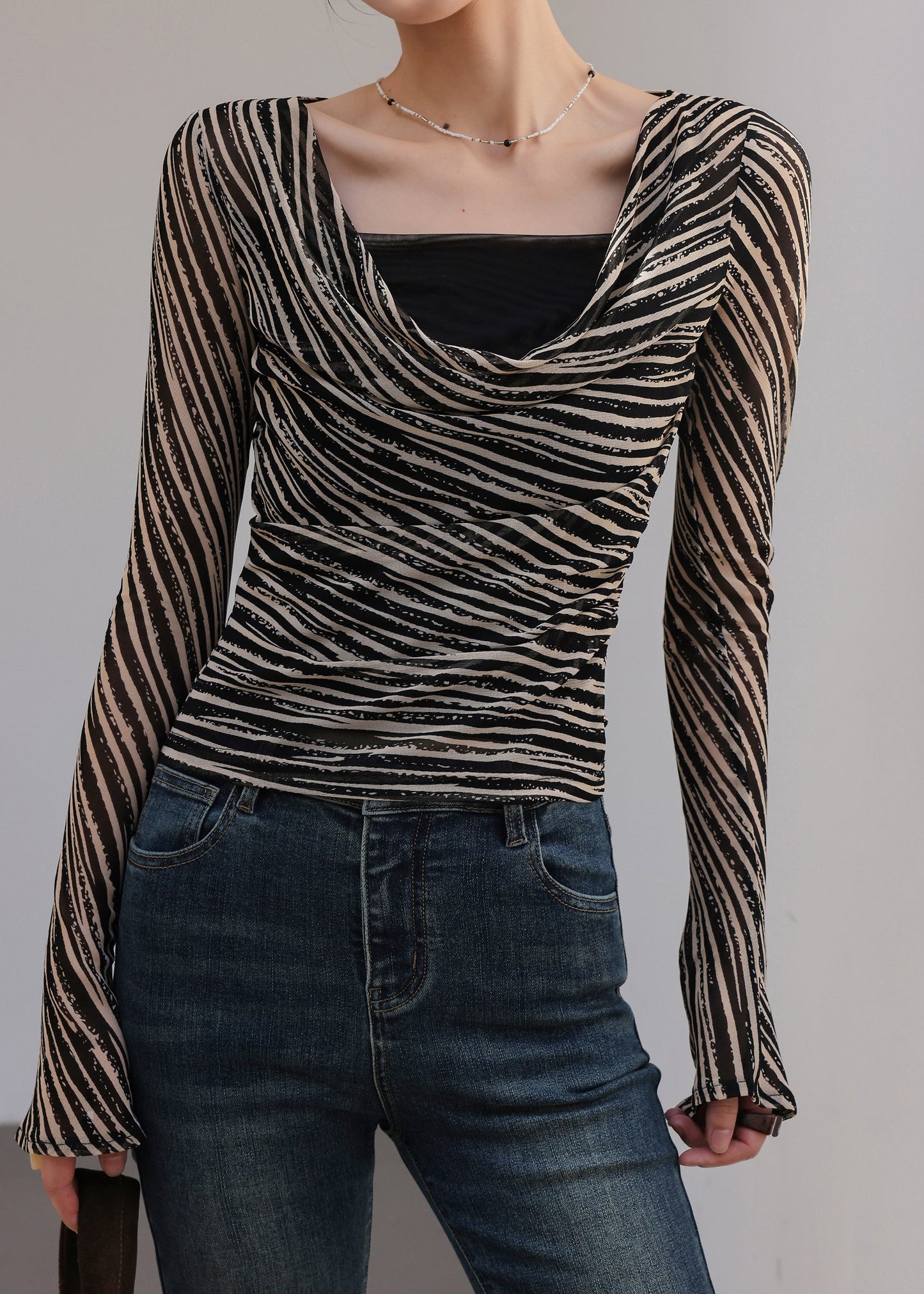 Black Khaki Striped Draped Neckline Top Spring