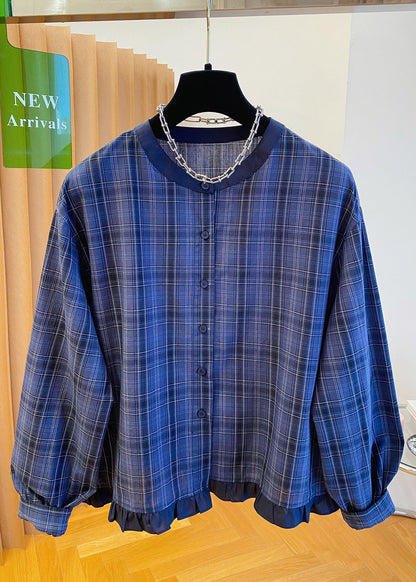 Blue O Neck Plaid Ruffled Cotton Shirt Top Fall