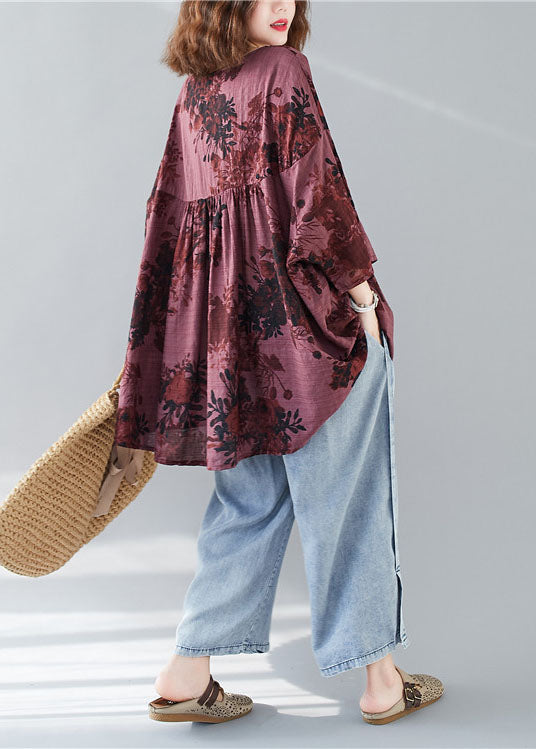 Modern Mulberry V Neck Patchwork Print Fall Tops Three Quarter Sleeve