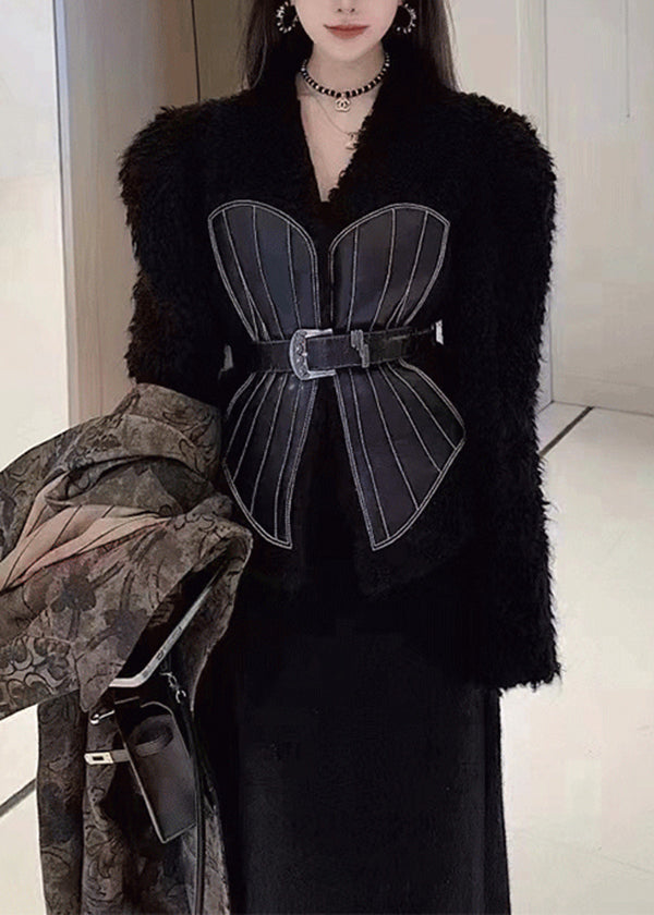 French Black V Neck Tie Waist Patchwork Leather and Fur Coats Spring