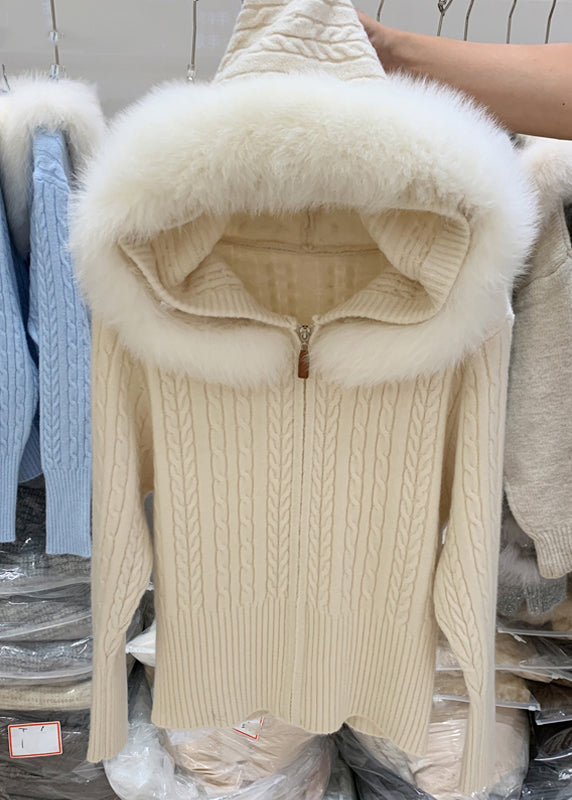 White Zippered Patchwork Hooded Cotton Knit Cardigan Winter