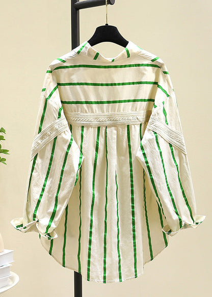 Black Peter Pan Collar Striped Cotton Blouse Top Fall