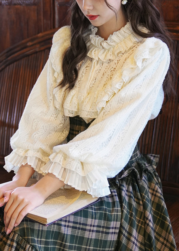 Apricot Ruffled Lace Shirt Lantern Sleeve Fall