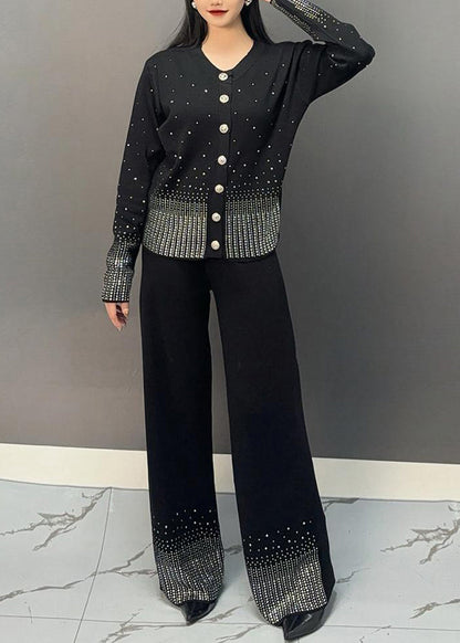 Classy Black V Neck Dot Print Knit Top and Wide Leg Pants Two Pieces Set Spring