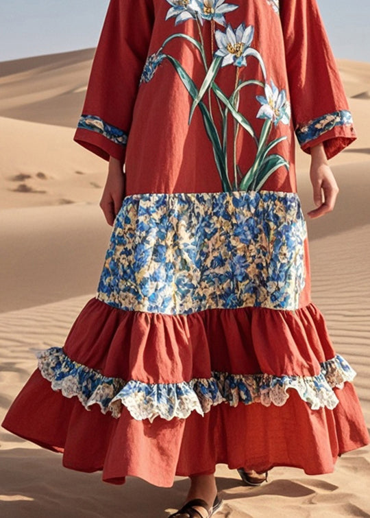 French Red Patchwork Ruffled Cotton Long Dresses Fall
