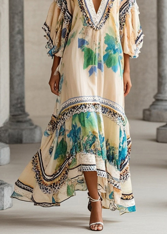 Apricot V Neck Print Chiffon Holiday Dress Summer