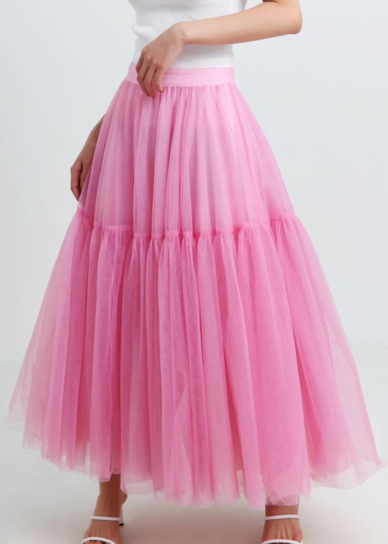 Pink High Waist Patchwork Tulle Pleated Skirt Summer