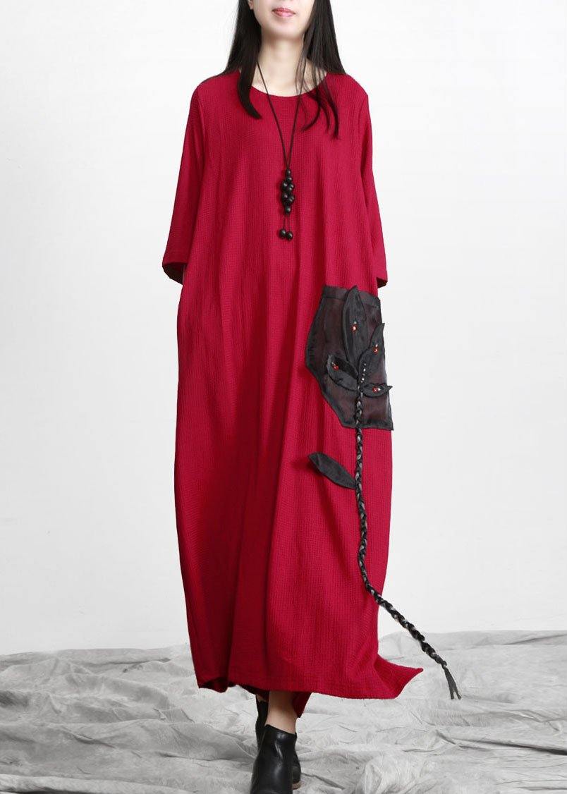 Red Patchwork Appliques Pockets Dress Fall