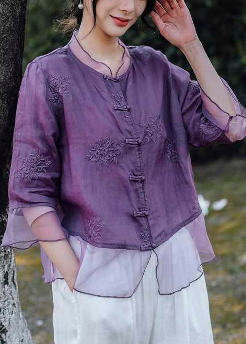 Pink Embroidered Button Linen Shirt Bracelet Sleeve
