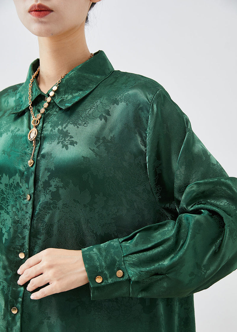 Diy Blackish Green Jacquard Side Open Draping Silk Long Shirt Fall