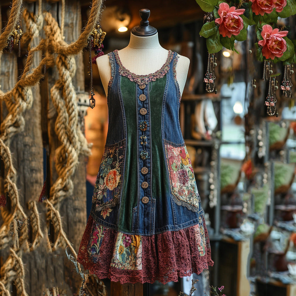 Vintage Denim Patchwork Lace Art Sleeveless Dress artswardrobe