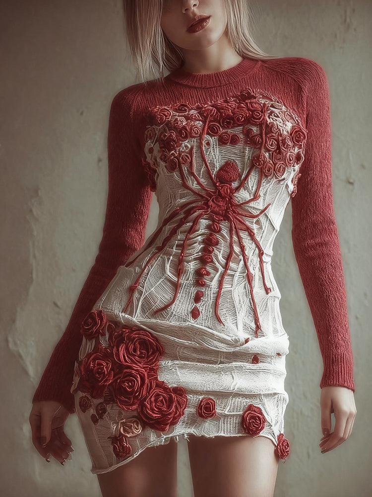 Comstylish Women's Halloween Spider And Red Rose Round Neck Dress