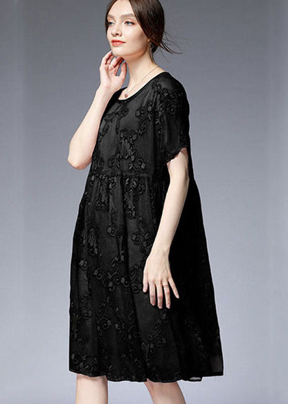 Black O-neck Embroideried Patchwork Dresses Two Pieces Set Summer