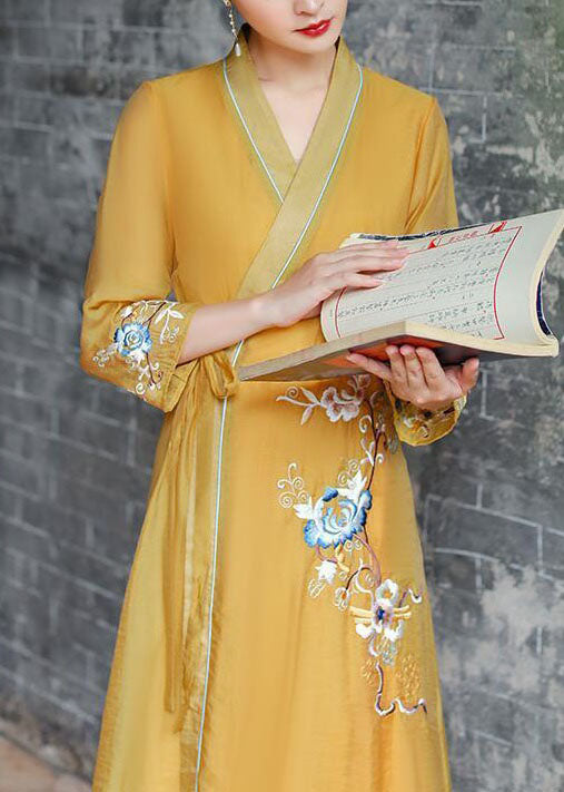Yellow V Neck Embroideried Patchwork Silk Dress Summer
