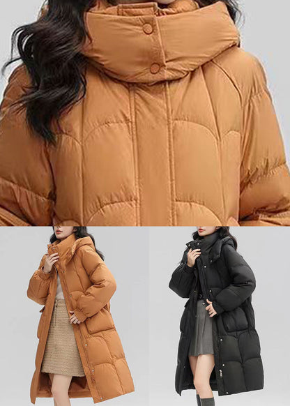 Orange Hooded Pockets Patchwork Duck Down Long Coat Winter