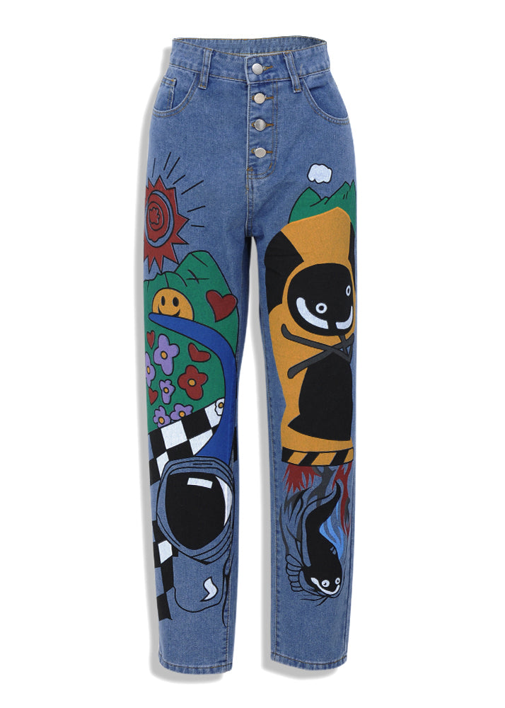 Blue Cartoon Printed Denim Pant Spring