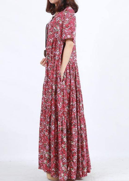 O Neck Patchwork Summer Dress Sewing Red Print Loose Dress