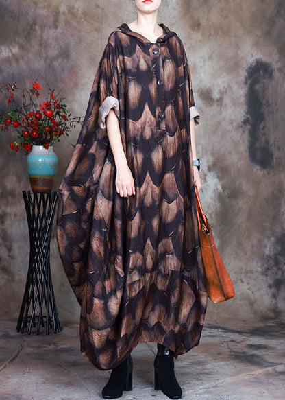 Natural Chocolate Hooded Button Print Asymmetrical Design Fall Dress Long Sleeve