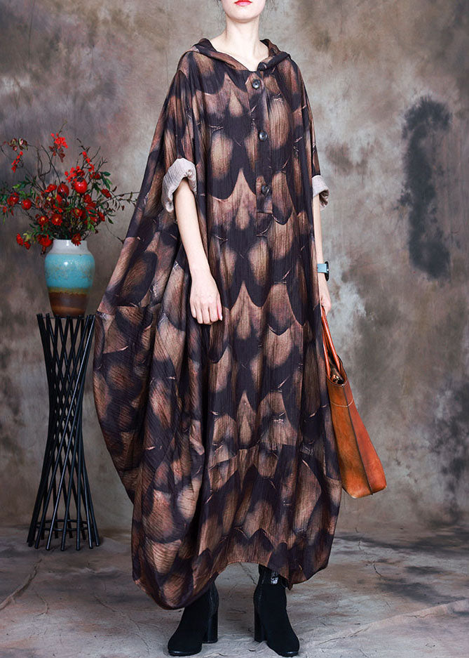 Natural Chocolate Hooded Button Print Asymmetrical Design Fall Dress Long Sleeve