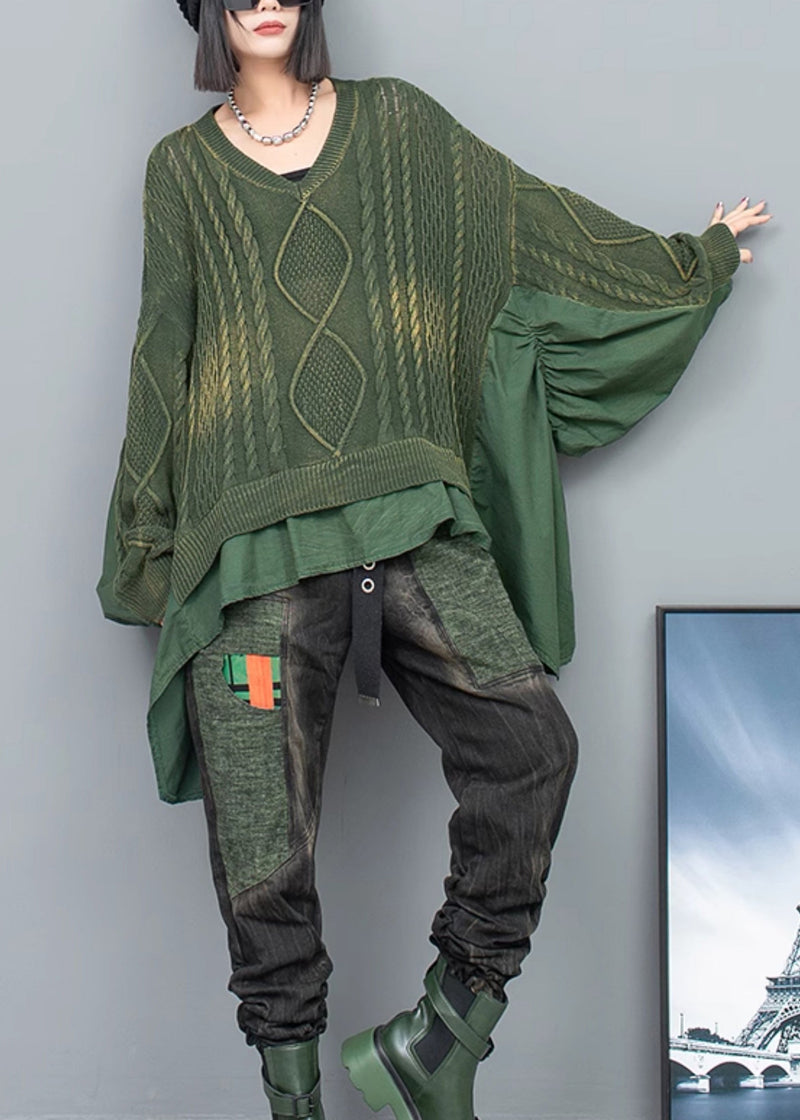 Green Patchwork Knit Pullover V Neck Ruffled Batwing Sleeve Fall